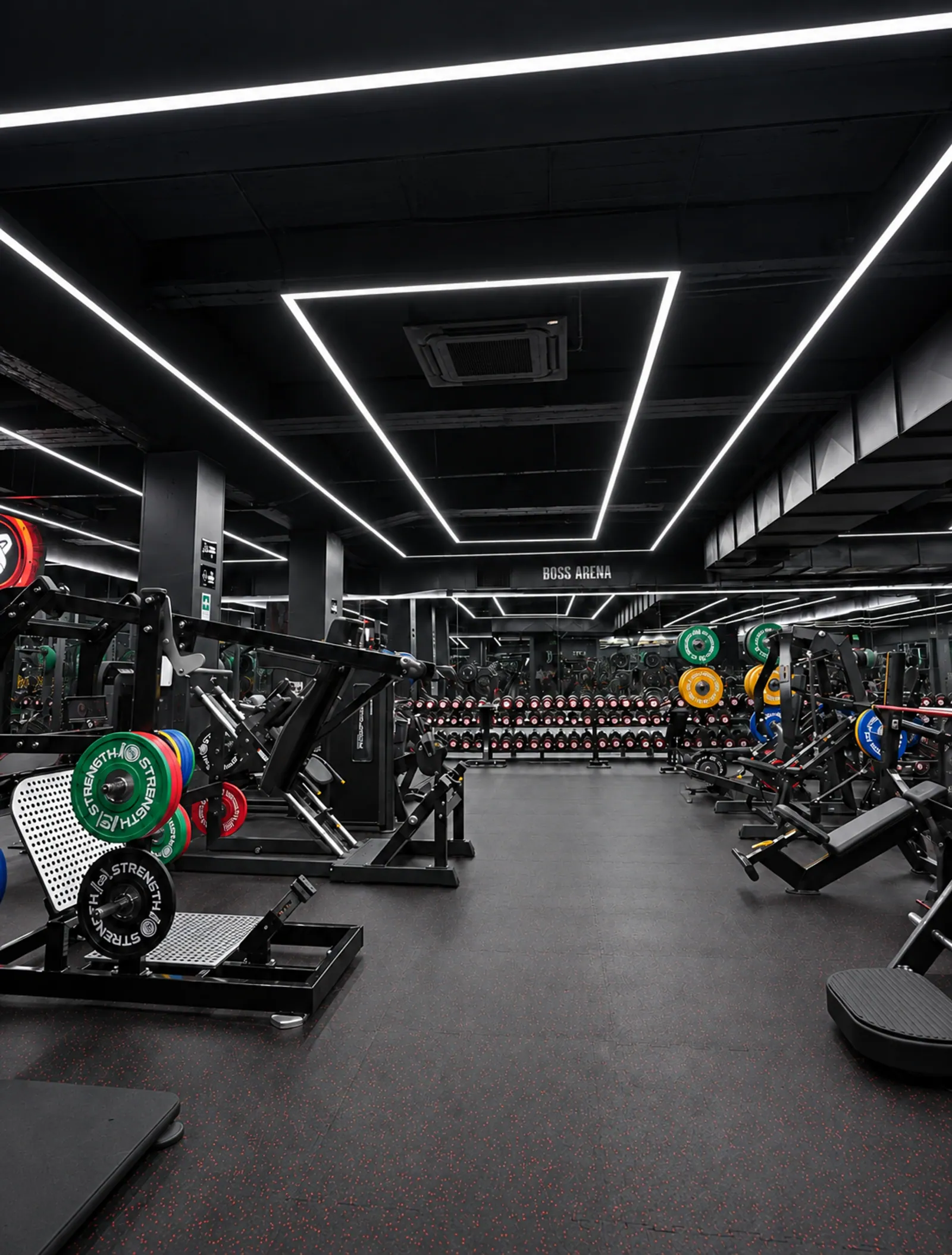 BOSS Arena — el piso principal de Boss Fitness bajo las líneas LED blancas